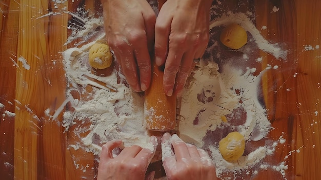 Hands preparing dough on a wooden table